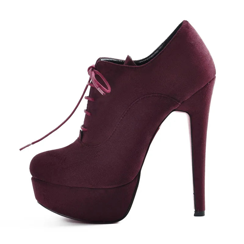 Onlymaker Women Platform Sexy High Heel Ankle Boots Lace Up Stiletto Comfortable Party Flock Booties Plus Size Handmade Shoes