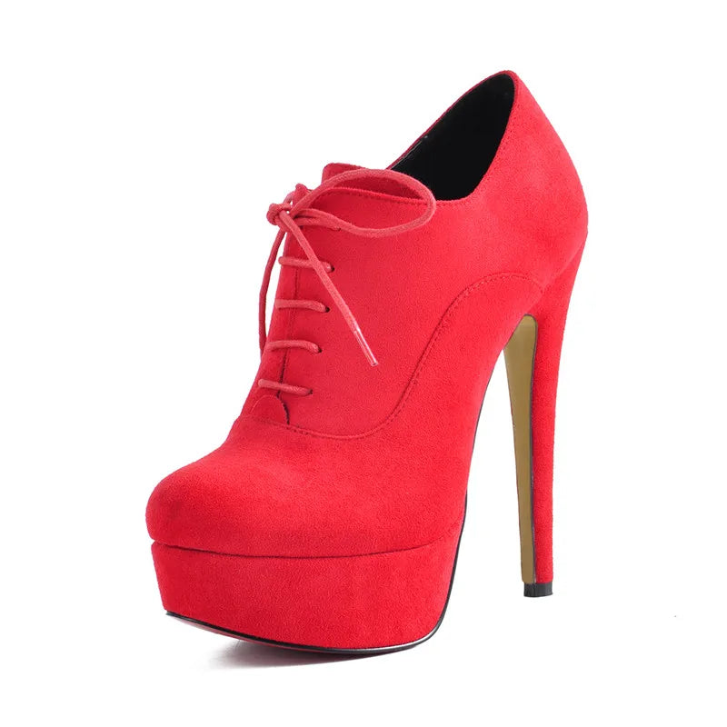 Onlymaker Women Platform Sexy High Heel Ankle Boots Lace Up Stiletto Comfortable Party Flock Booties Plus Size Handmade Shoes