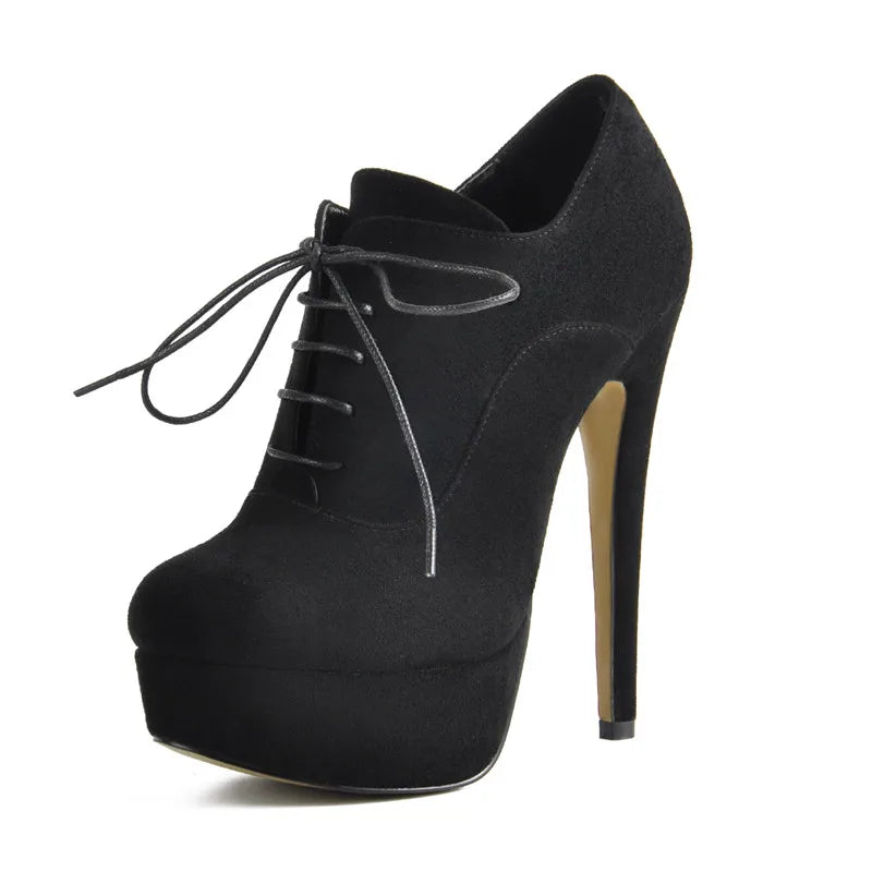 Onlymaker Women Platform Sexy High Heel Ankle Boots Lace Up Stiletto Comfortable Party Flock Booties Plus Size Handmade Shoes