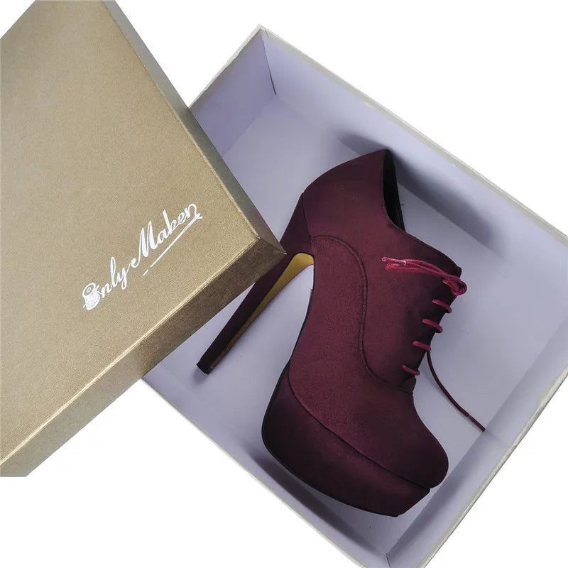 Onlymaker Women Platform Sexy High Heel Ankle Boots Lace Up Stiletto Comfortable Party Flock Booties Plus Size Handmade Shoes
