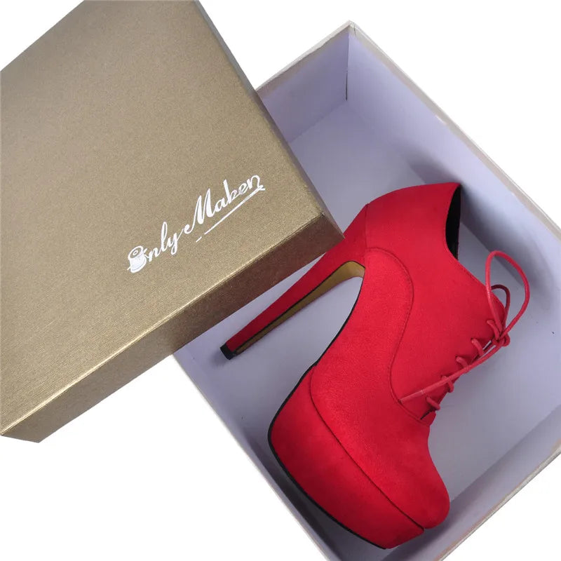 Onlymaker Women Platform Sexy High Heel Ankle Boots Lace Up Stiletto Comfortable Party Flock Booties Plus Size Handmade Shoes