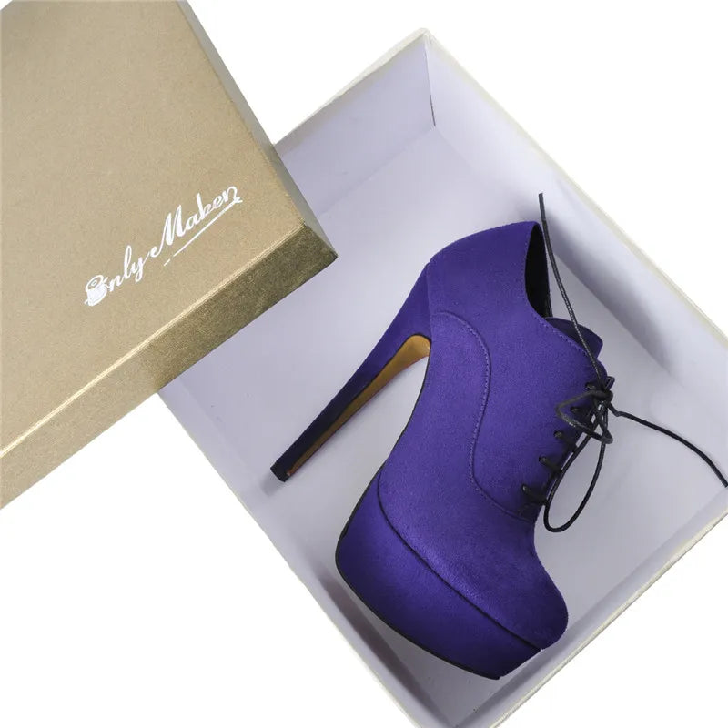 Onlymaker Women Platform Sexy High Heel Ankle Boots Lace Up Stiletto Comfortable Party Flock Booties Plus Size Handmade Shoes