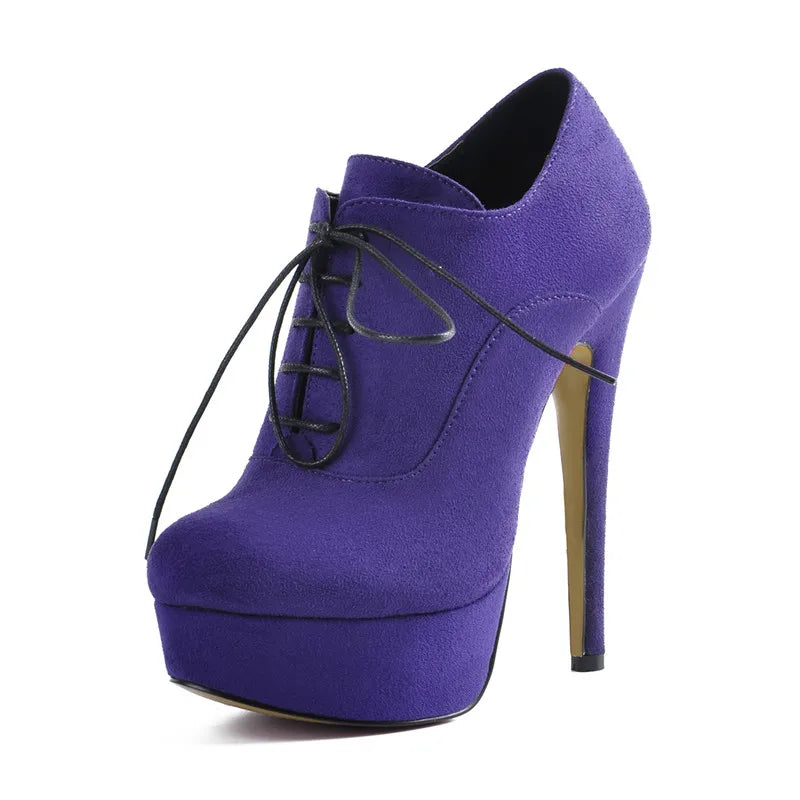 Onlymaker Women Platform Sexy High Heel Ankle Boots Lace Up Stiletto Comfortable Party Flock Booties Plus Size Handmade Shoes