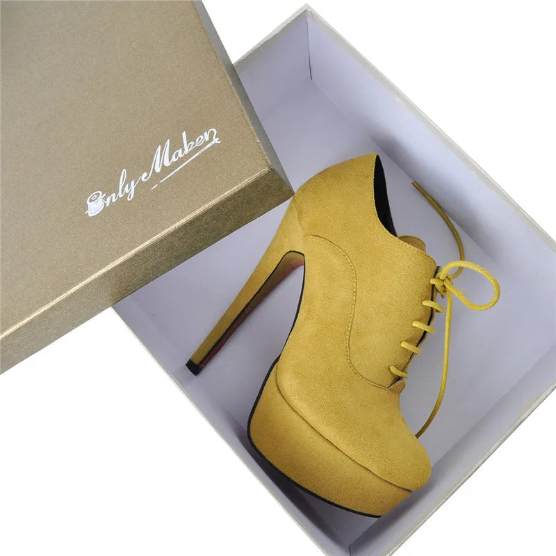 Onlymaker Women Platform Sexy High Heel Ankle Boots Lace Up Stiletto Comfortable Party Flock Booties Plus Size Handmade Shoes