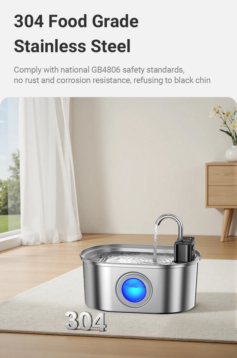 ROJECO 3.2L Stainless Steel Cat Water Fountain Wireless Sensor Smart Automatic Dog Water Dispenser Drinking Fountain 4000mAh