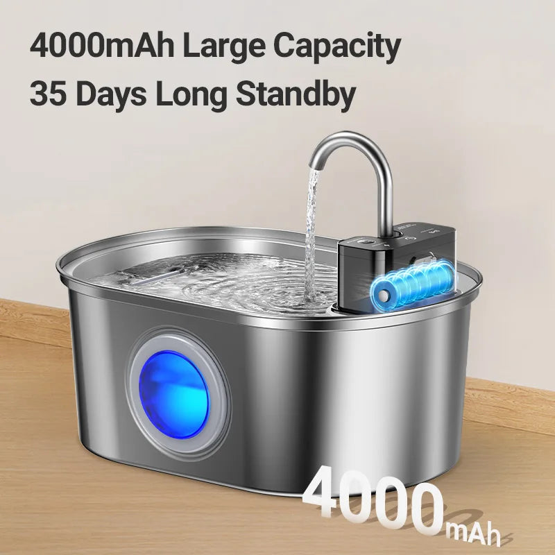 ROJECO 3.2L Stainless Steel Cat Water Fountain Wireless Sensor Smart Automatic Dog Water Dispenser Drinking Fountain 4000mAh