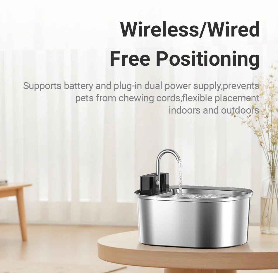 ROJECO 3.2L Stainless Steel Cat Water Fountain Wireless Sensor Smart Automatic Dog Water Dispenser Drinking Fountain 4000mAh