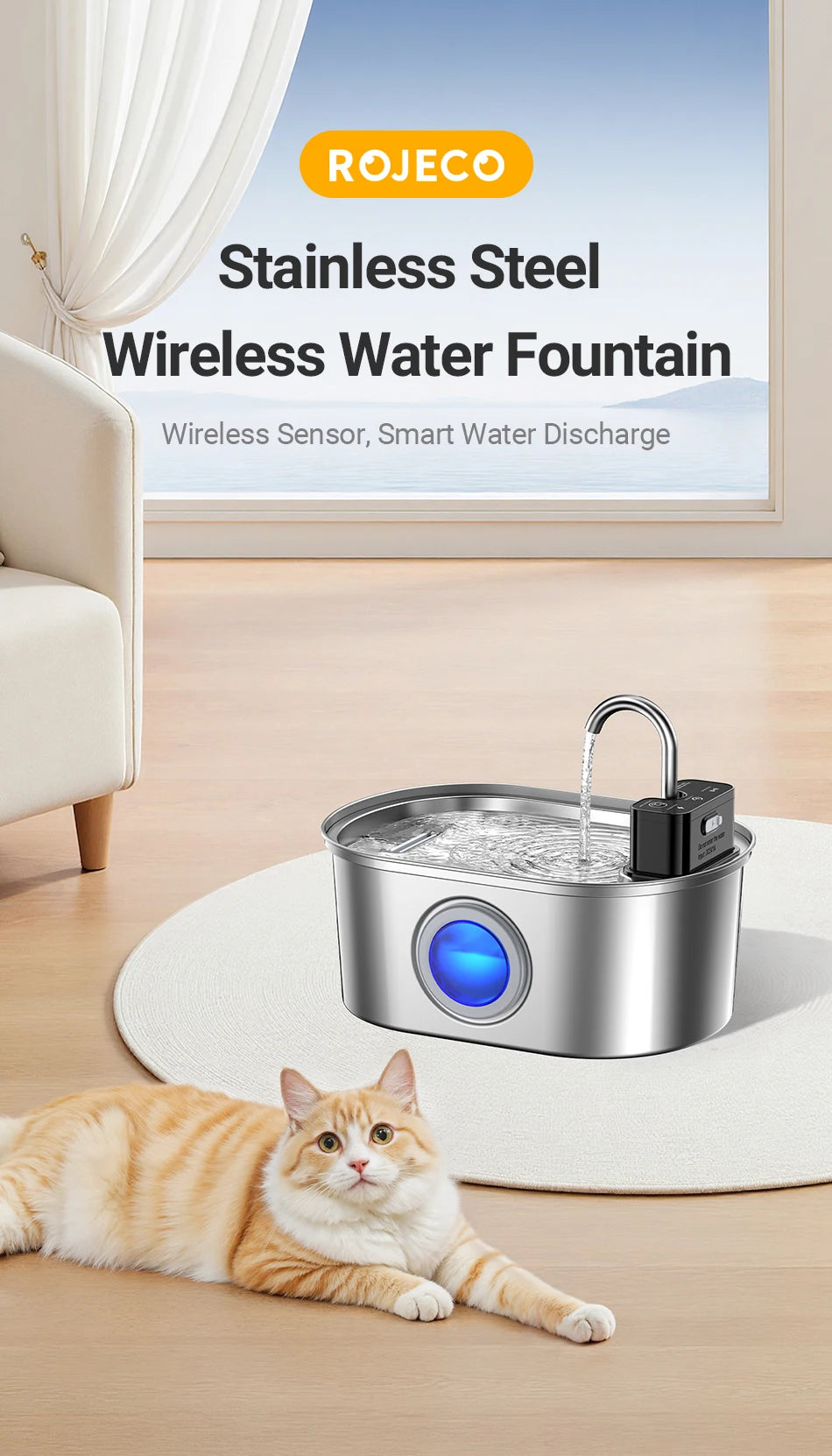 ROJECO 3.2L Stainless Steel Cat Water Fountain Wireless Sensor Smart Automatic Dog Water Dispenser Drinking Fountain 4000mAh