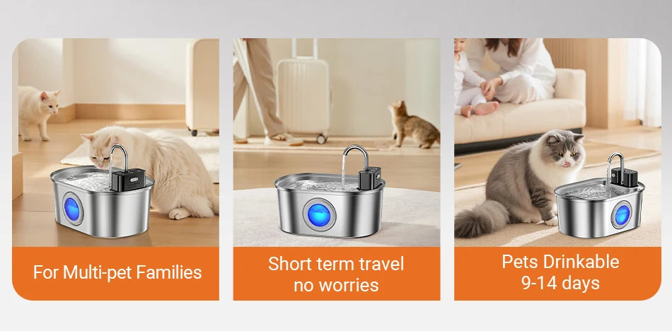 ROJECO 3.2L Stainless Steel Cat Water Fountain Wireless Sensor Smart Automatic Dog Water Dispenser Drinking Fountain 4000mAh