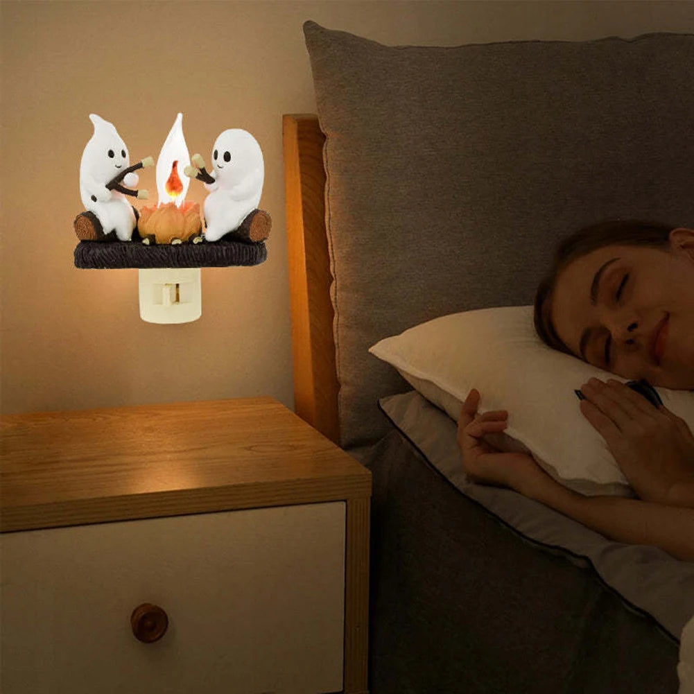 Ghost Night Light Campfire Flickering Flicker Lantern 3D Small Electric Faux Lantern LED Nightlight With Flame Halloween Decor