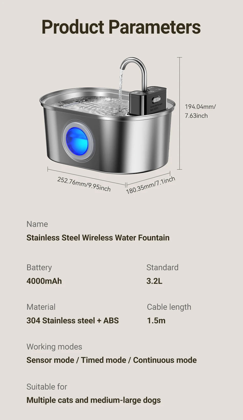 ROJECO 3.2L Stainless Steel Cat Water Fountain Wireless Sensor Smart Automatic Dog Water Dispenser Drinking Fountain 4000mAh