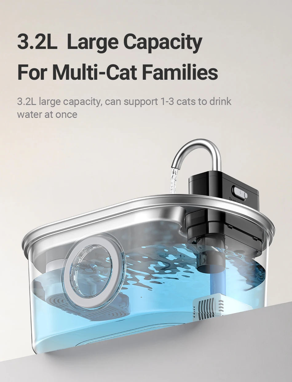 ROJECO 3.2L Stainless Steel Cat Water Fountain Wireless Sensor Smart Automatic Dog Water Dispenser Drinking Fountain 4000mAh