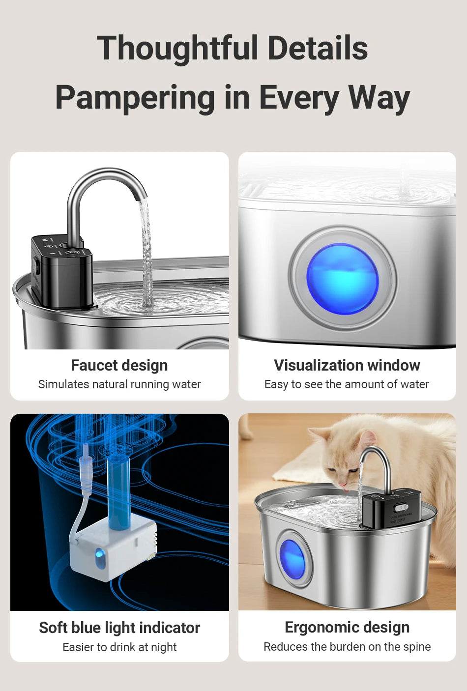 ROJECO 3.2L Stainless Steel Cat Water Fountain Wireless Sensor Smart Automatic Dog Water Dispenser Drinking Fountain 4000mAh