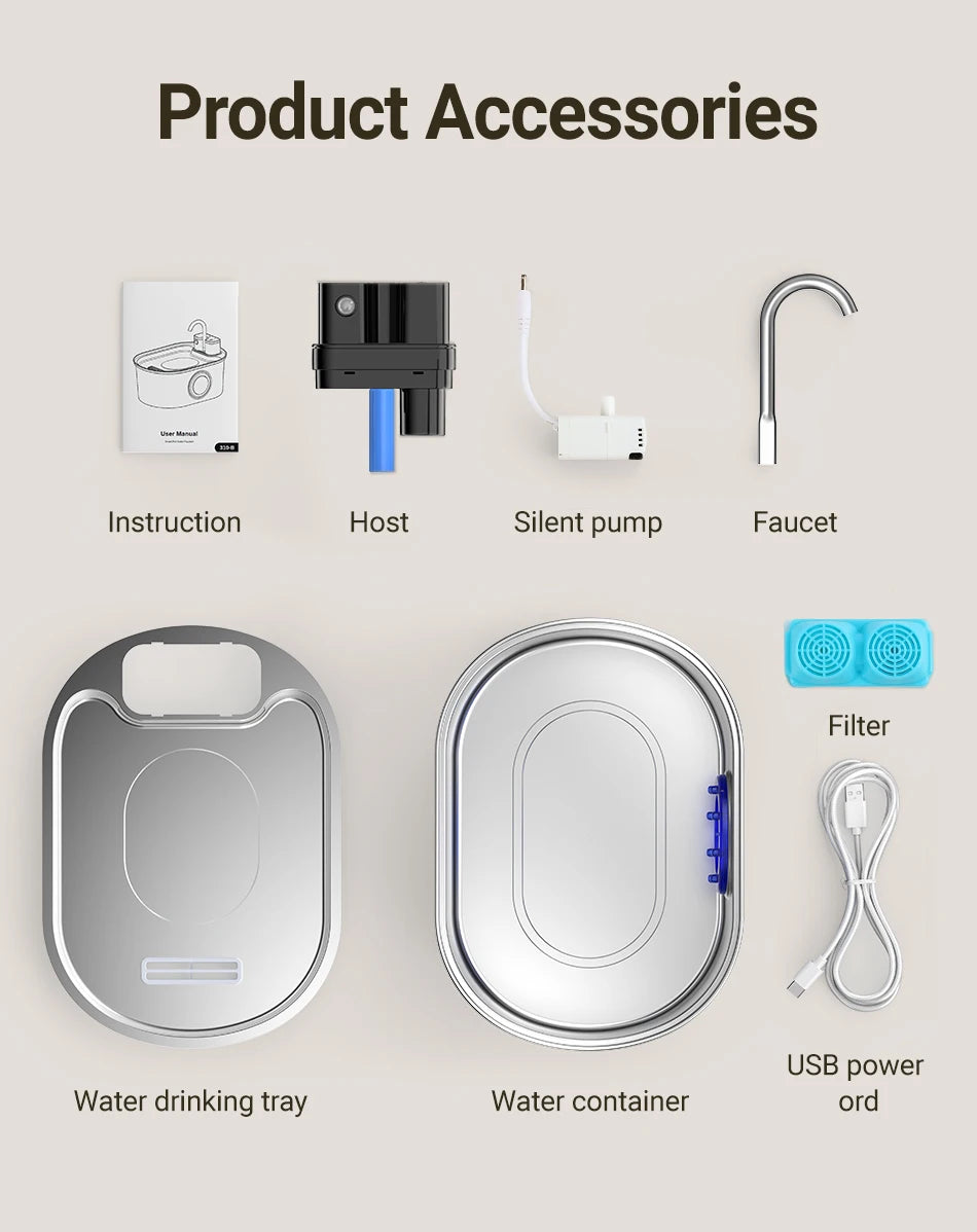 ROJECO 3.2L Stainless Steel Cat Water Fountain Wireless Sensor Smart Automatic Dog Water Dispenser Drinking Fountain 4000mAh