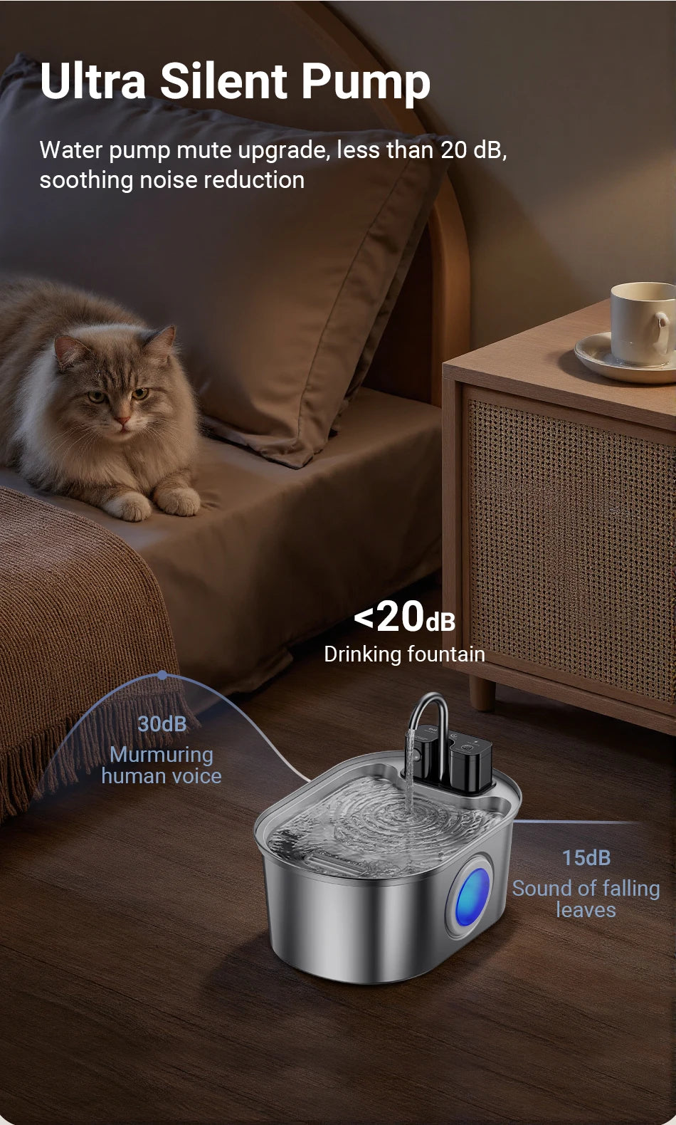 ROJECO 3.2L Stainless Steel Cat Water Fountain Wireless Sensor Smart Automatic Dog Water Dispenser Drinking Fountain 4000mAh