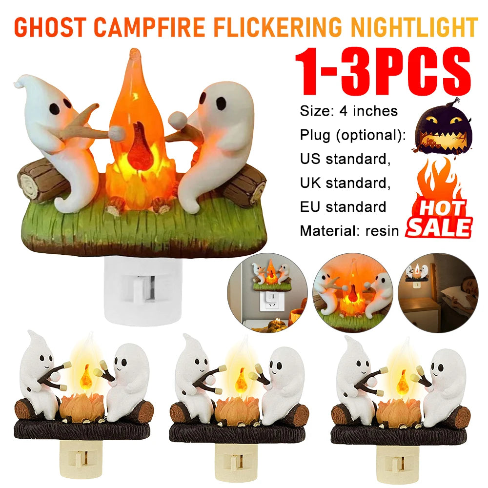 Ghost Night Light Campfire Flickering Flicker Lantern 3D Small Electric Faux Lantern LED Nightlight With Flame Halloween Decor