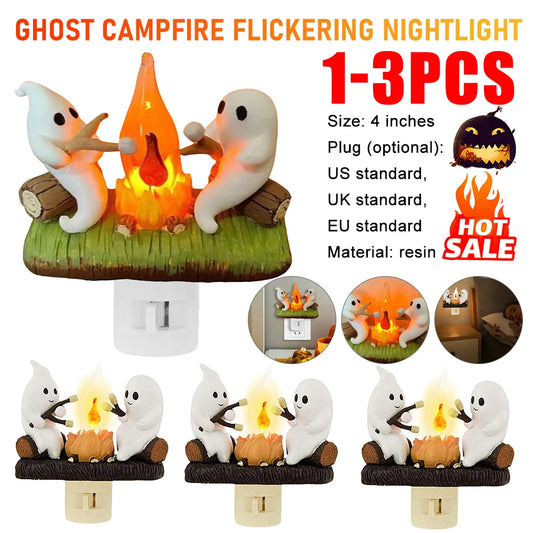Ghost Night Light Campfire Flickering Flicker Lantern 3D Small Electric Faux Lantern LED Nightlight With Flame Halloween Decor